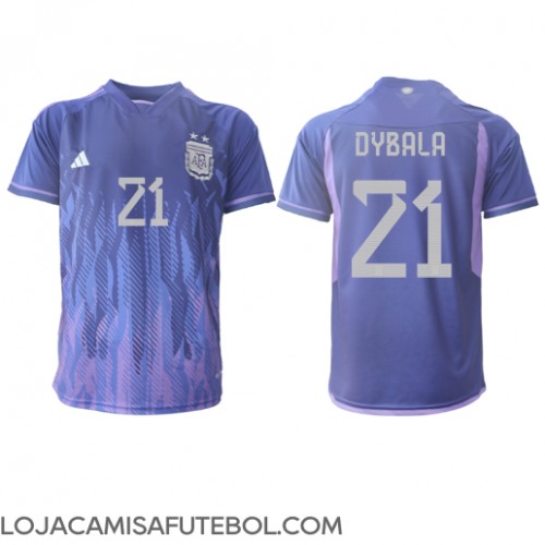 Camisa de Futebol Argentina Paulo Dybala #21 Equipamento Secundário Mundo 2022 Manga Curta